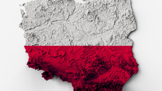 Grafika przedstawiająca biało-czerwony kształt państwa polskiego, która symbolizuje temat artykułu, czyli ludność polski w 1939 roku
