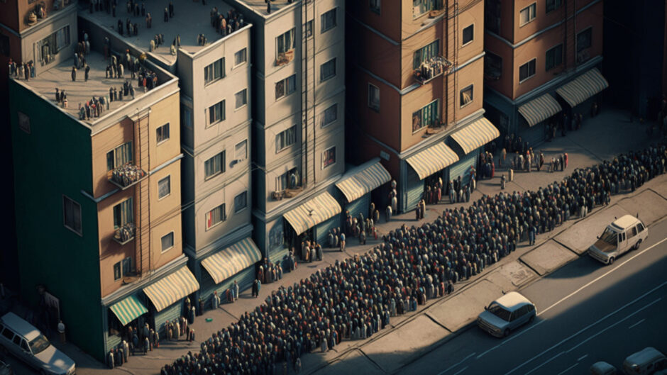 Grafika przedstawiająca z góry tłum ludzi na ulicy wielkiego miasta