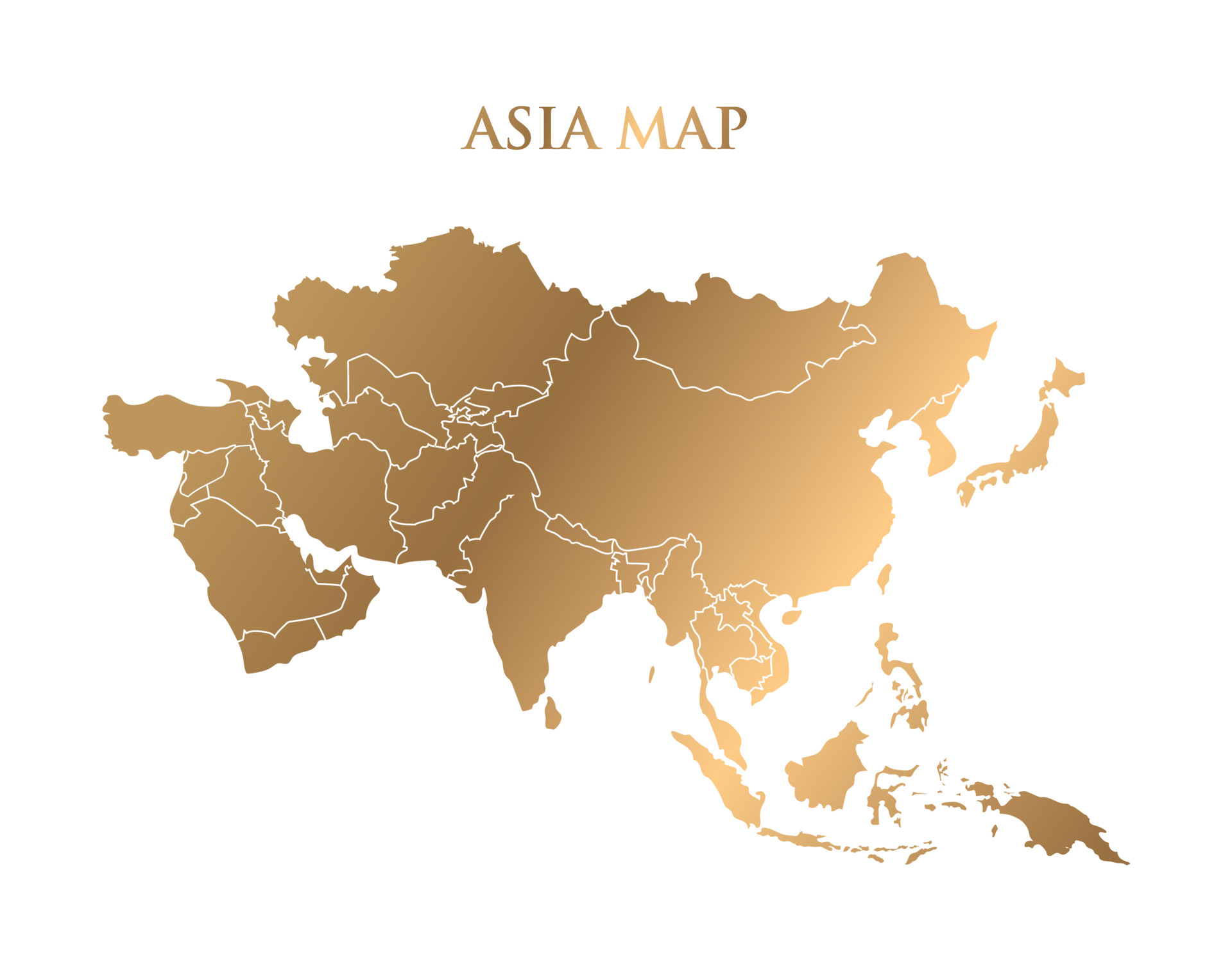 Ten zaczarowany obrazek ukazuje złoty zarys mapy Azji na czystym białym tle, emanujący elegancją i prestiżem. Złocisty kontur subtelnie podkreśla znaczenie tego kontynentu jako miejsca bogatej historii, kultury i wpływów, przywołując jednocześnie wspaniałe dziedzictwo Azji i jej niezwykłe piękno geograficzne.