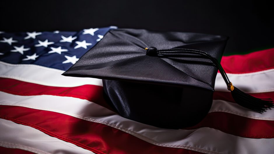 Na tym symbolicznym obrazku możemy zobaczyć czapkę studencką leżącą na fladze USA. Jest to silne i wymowne połączenie dwóch ikon - symbolu edukacji i narodowej dumy. Czapka studencka symbolizuje dążenie do wiedzy i osiągnięć akademickich, podczas gdy flaga USA reprezentuje wartości, wolność i patriotyzm. To inspirujące połączenie obrazuje znaczenie edukacji i jej roli w budowaniu silnego i dumnie narodu