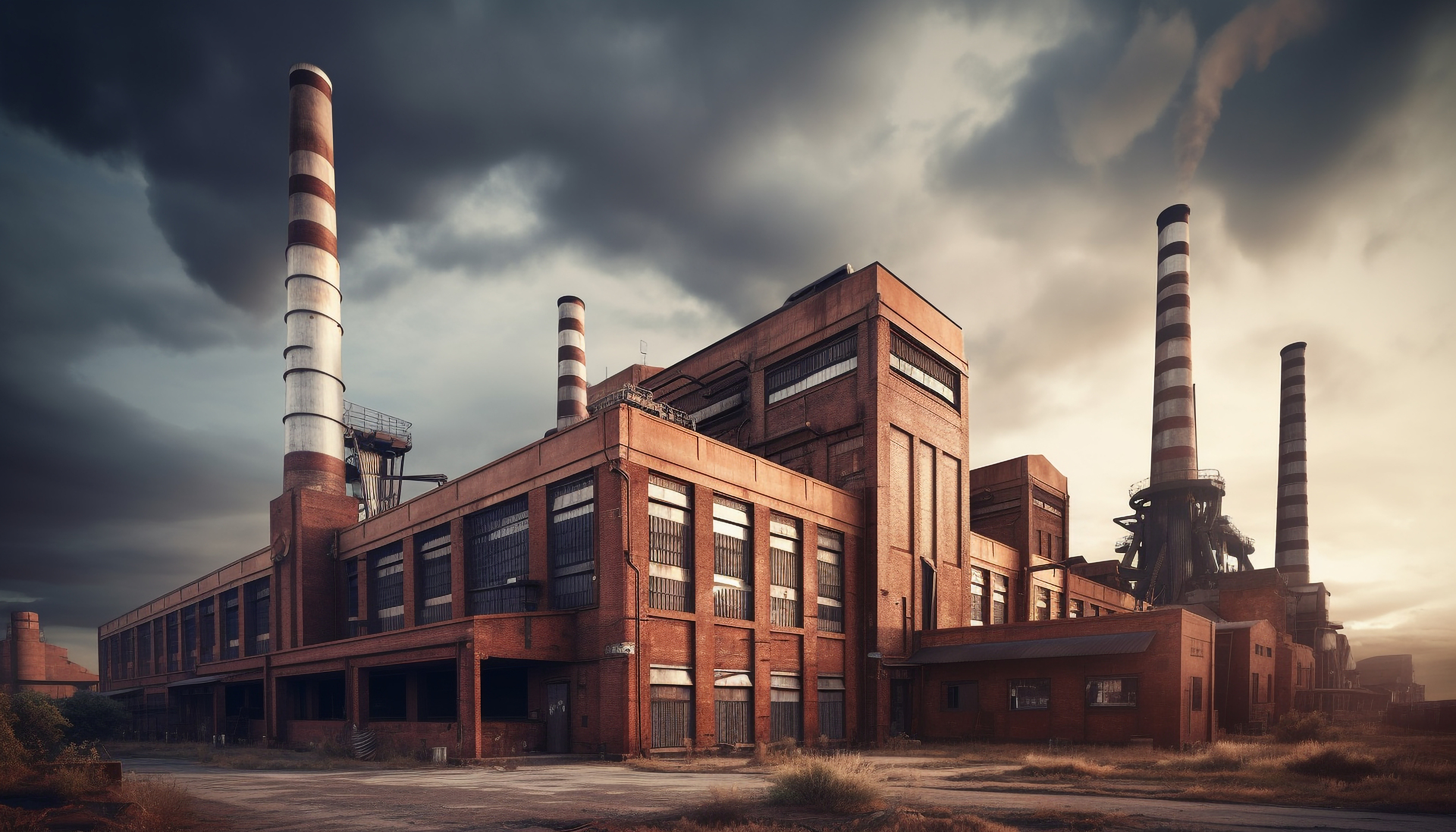 Stara fabryka z charakterystycznymi kominami, które wznoszą się w niebo puszczając kłęby szarego dymu 
