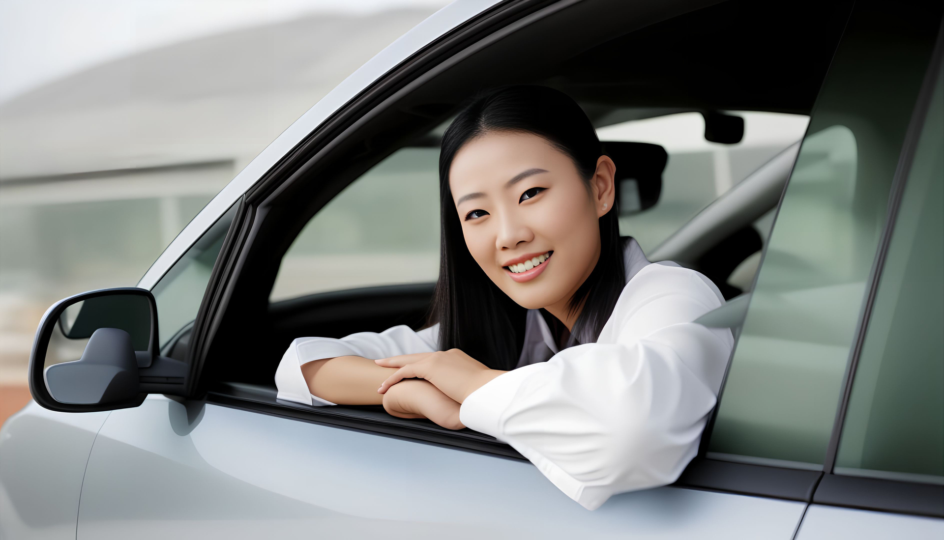 Kobieta, która z uśmiechem na twarzy spogląda zza kierownicy samochodu