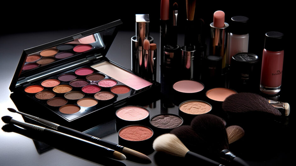 Zestaw kosmetyków do makijażu na czarnym tle