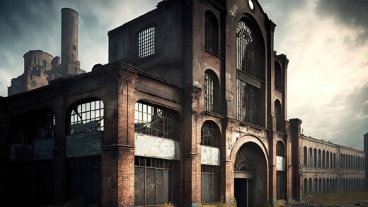 Imponująca stara fabryka z charakterystycznymi kominami unoszącymi się w powietrzu