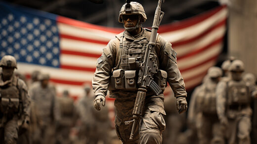 Żołnierz armii USA w charakterystycznym umundurowaniu, emanujący profesjonalizmem i gotowością do działania z flagą USA w tle