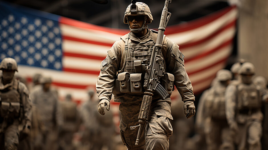 Żołnierz armii USA w charakterystycznym umundurowaniu, emanujący profesjonalizmem i gotowością do działania z flagą USA w tle