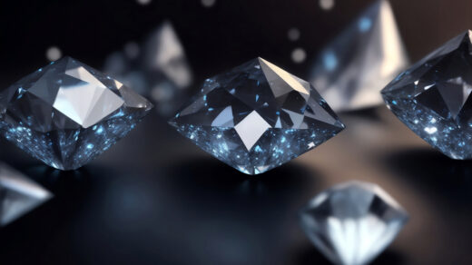 Rozświetlające czarne tło, na którym rozmieszczone są różnokolorowe diamenty