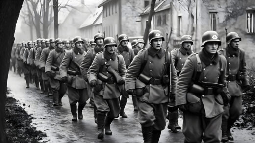 Grupa żołnierzy niemieckich w pełnym umundurowaniu, prezentujących dyscyplinę i jedność