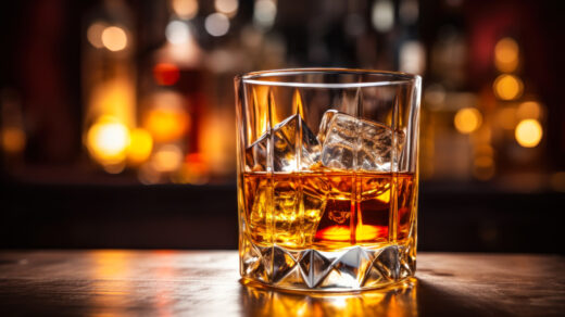 Szklanka wypełniona złocistą whisky. Klarowna ciecz delikatnie się mieni w świetle