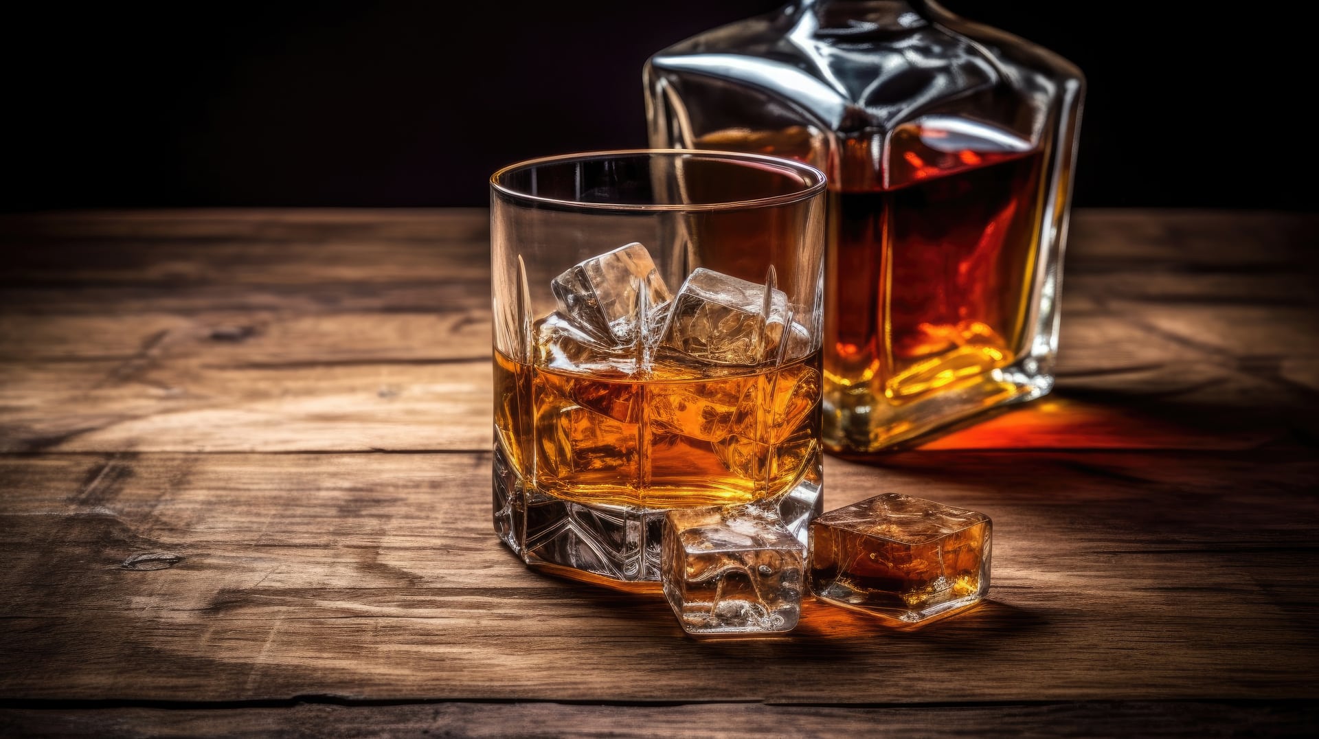 Dwie szklanki wypełnione aromatyczną whisky. Ich delikatnie pomarańczowe zabarwienie i błysk na powierzchni wskazują na wysoką jakość tego trunku
