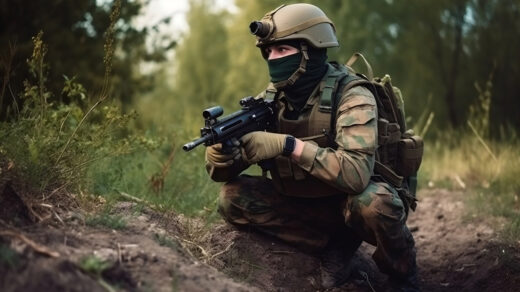 Żołnierz terytorialny w lesie, który skrycie patroluje teren, gotowy do obrony swojego kraju