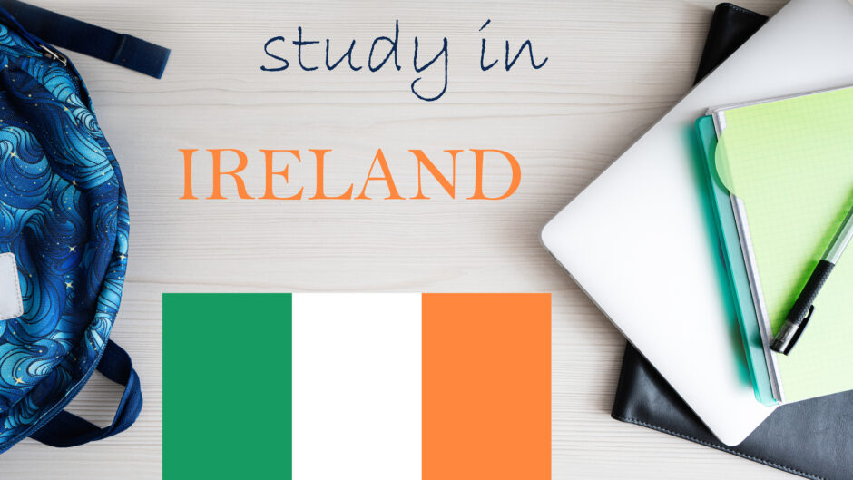 Grafika z irlandzką flagą, książkami i plecakiem