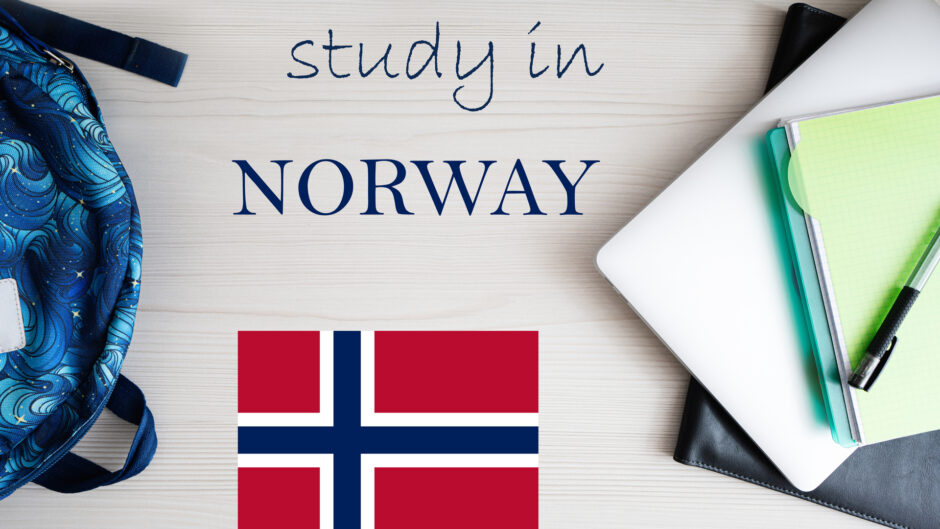 Grafika z flagą Norwegii, zeszytami i plecakiem