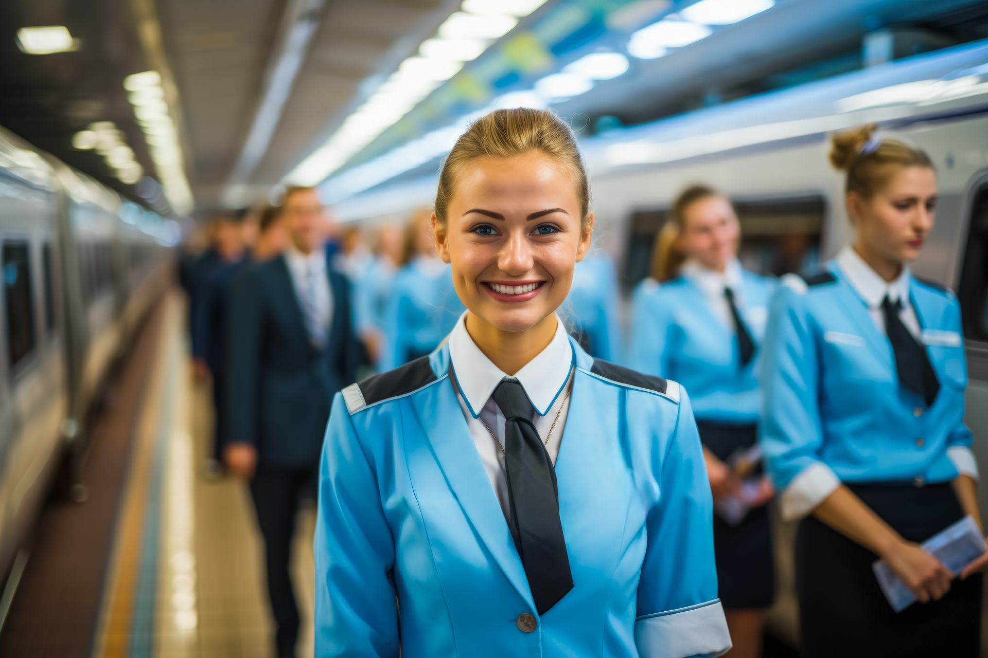 Uśmiechająca się do zdjęcia stewardessa na tle koleżanek