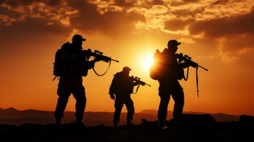 Żołnierze Legii Cudzoziemskiej na tle zachodzącego słońca